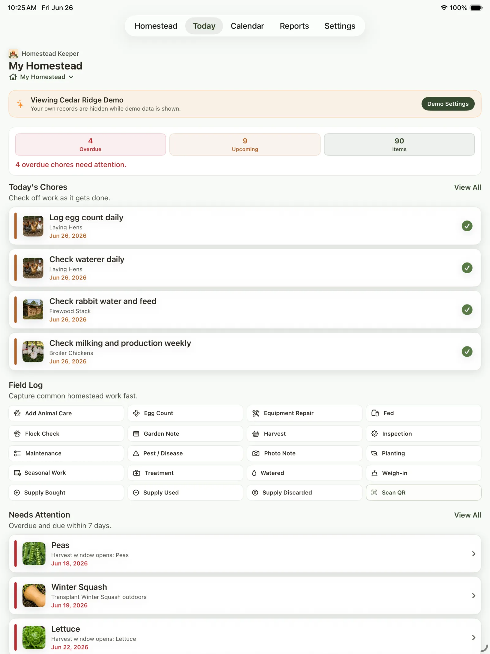 Homestead Keeper Today screen showing overdue tasks, today chores, field log shortcuts, recent reminders, and inventory alerts.